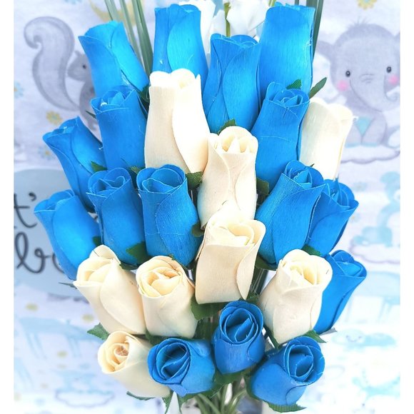2 Dozen It's A Boy Light Blue and White The Original Wooden Rose Flower Bouquet - Picture 4 of 9